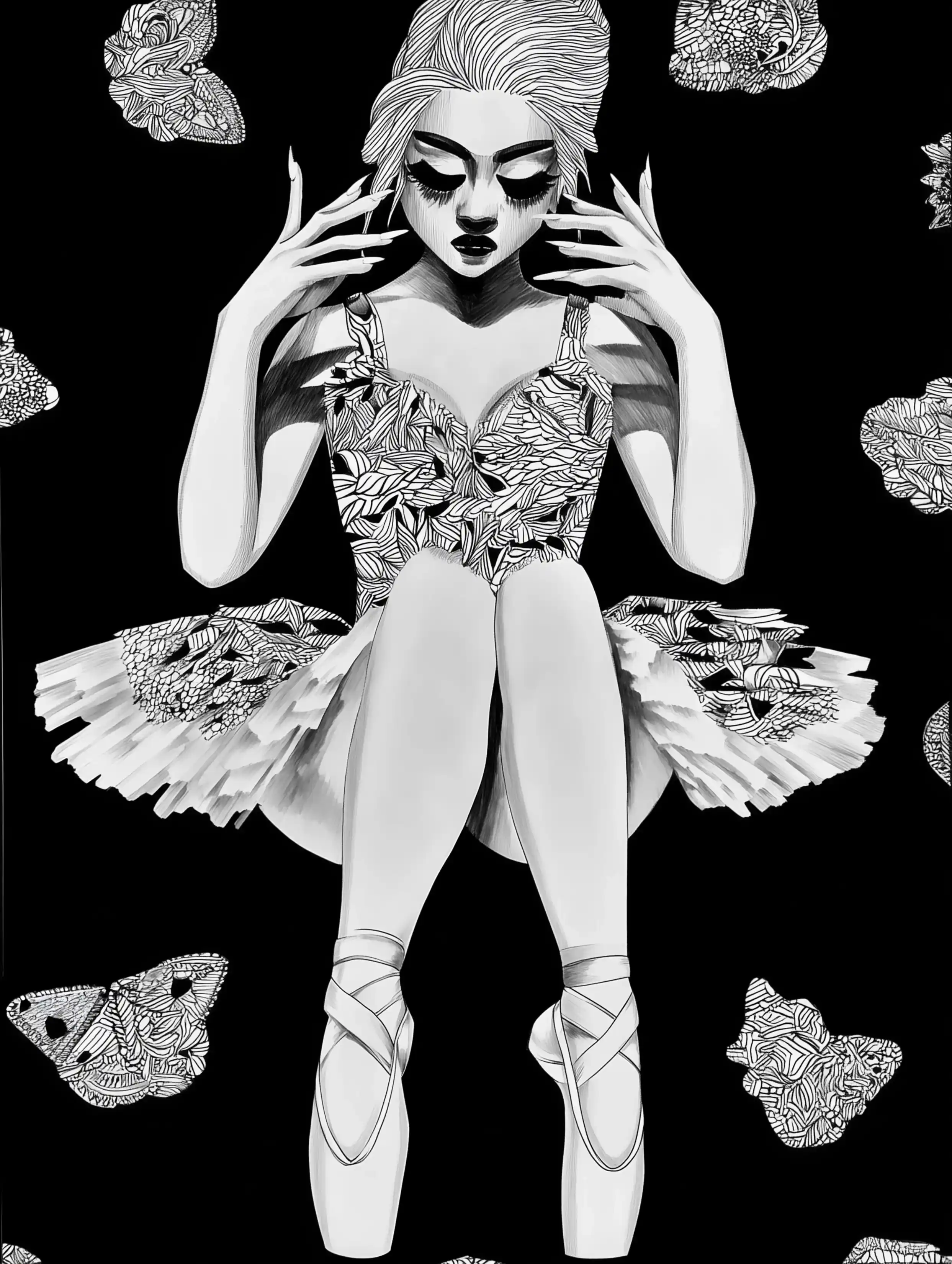 Free ballerina coloring page for adults featuring sitting nervous ballerina